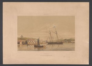 Porto de Willemstad Curaçao. Ancoradouro de navios de guerra no porto (título no objeto) Índias Ocidentais (título da série no objeto) Vistas das Índias Ocidentais da Holanda (título da série) de jonkheer Jacob Eduard van Heemskerck