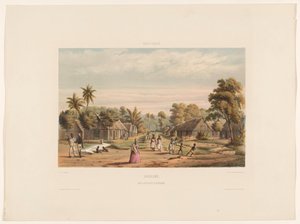 Quartos de escravos em uma plantação acampamento de escravos Suriname. Um acampamento de escravos de plantação (título no objeto)