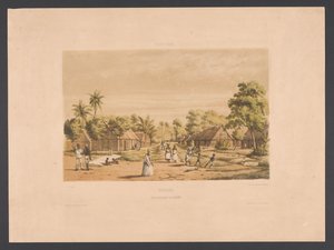 Casas de pessoas escravizadas em uma plantação do Suriname Suriname. Um acampamento de escravos de plantação (título no objeto) Índias Ocidentais (título da série no objeto) Vistas das Índias Ocidentais da Holanda (título da série)