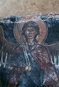 Anjo segurando espada, afresco na igreja bizantina de São Jorge, Komitades, Creta, Grécia (foto)