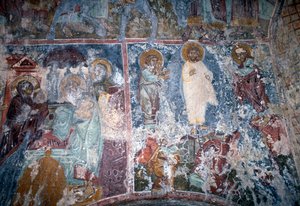 Cristo e Santos, fresco na igreja bizantina de Sotiras Christos, Vlithias, Creta, Grécia (foto)