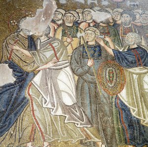 O beijo de Judas, mosaico em katholikon (igreja principal) do mosteiro Nea Moni (Lista do Patrimônio Mundial da Unesco)