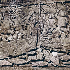 Batalha naval entre Cham e Khmer, detalhe de um baixo-relevo do Templo Bayon (século XIII), Angkor Thom, sítio arqueológico de Angkor (Lista do Património Mundial da UNESCO