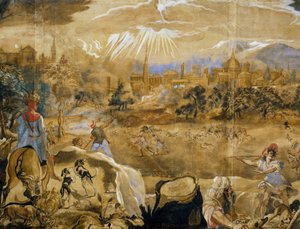 Caça ao veado (com vista ideal de Florença em fundo), detalhe, c.1565 de or Zuccaro Federico Zuccari