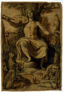 Orfeu encantando os animais com a música de um violino. Desenho de Federico Zuccari (1542 - 1609). de or Zuccaro Federico Zuccari