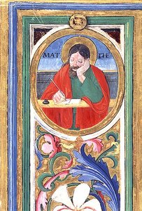 Sra. 542 f.3v São Mateus escrevendo o primeiro evangelho de um saltério escrito por Don Appiano da Igreja da Badia Fiorentina, Florença de or di Giovanni Monte del Fora