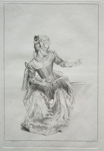 Mulher segurando um ventilador de possibly by Benoit II Audran