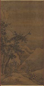 Aves em um bosque em uma paisagem montanhosa de inverno de possibly by Gao Tao