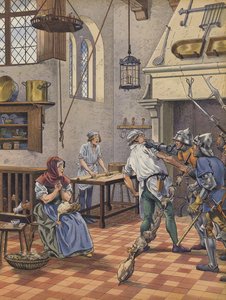 Um cozinheiro confiscado na sua cozinha por homens de armas por suspeita de ter tentado envenenar o Rei (cor litho) de pseudonym for Onfray de Breville Jacques Job