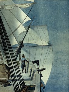 Campanha (Expedição) do Egito (1798-1801): retorno de Alexandria ao Egito a bordo do fregate "La Muiron", Napoleão I Bonaparte (1769-1821) sozinho na ponte do barco contempla o Mar Mediterrâneo à noite de pseudonym for Onfray de Breville Jacques Job