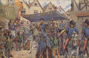 Multidões nas ruas de Paris saúdam Luís XI quando ele chega de Borgonha para reclamar seu reino após a morte de seu pai, Carlos VII (cor litho) de pseudonym for Onfray de Breville Jacques Job