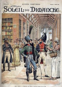 Cada um com a sua flor. Um soldado comprou flores de uma vendedora numa galeria coberta em Paris, em 1816. De uma aguarela do Sr. Job. Gravura em "Le sun-du-dimanche", LE 1 JANEIRO DE 1899. de pseudonym for Onfray de Breville Jacques Job