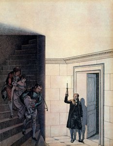 O Imperador Napoleão I Bonaparte (1769-1821) e seu camareiro após o anúncio de seu divórcio em 1809, o Imperador Josefina (1763-1814) havia desaparecido em seu quarto. Em "Napoleão", de Georges Montorgueil. Ilustração de Jacques Marie Gaston Onfray de pseudonym for Onfray de Breville Jacques Job