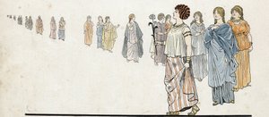 Femmes des "free men" (cidadãos livres) usando seus vestidos grampeados no ombro e jóias pesadas nos braços. in "France, his story told by G. Montorgueil, imagee by Job" 1896. Coleção privada. de pseudonym for Onfray de Breville Jacques Job