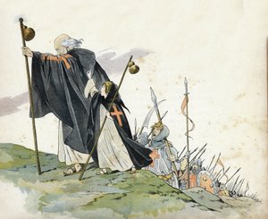 Primeira Cruzada: Pedro, o Eremita (1050-1115) leva a Cruzada ao grito de "Deus quer"! . Ele veste um casaco, ataca com uma cruz e segura um rabo de pelerim. Uma menina que simboliza a França a acompanha. em "França, a sua história contada por G. Montor de pseudonym for Onfray de Breville Jacques Job