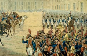 Primeira revisão da guarda consular no pátio das Tuileries por Napoleão I Bonaparte (1769-1821). Após a adoção da Constituição em 1800, o governo deixou o Peer-Luxemburgo para se estabelecer nas Tuileries. No dia da sua instalação, a Fi de pseudonym for Onfray de Breville Jacques Job