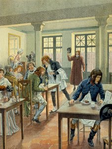 Revolução Francesa de 1789: Napoleão I Bonaparte (1769-1821) jovem na gárgula Justat, da rue des petits peres (Petits-Peres) em Paris, reduzido a um único prato, que pagou por 6 abaixo da porção. Ilustração de Jacques Marie Gaston Onfray de de pseudonym for Onfray de Breville Jacques Job