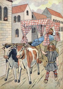 História da França. Cena que retrata reis preguiçosos em brinquedos: Rei da França Thierry III (673-691) transporta num tanque com uma cama puxada por bois. Em "Joujoux a l