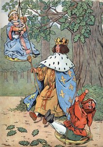 História da França. Cena da vida de Saint Louis nos brinquedos: O Rei Luís IX conhecido como Saint Louis (1214-1270) a fazer justiça aos pés de um carvalho. Em "Joujoux a l