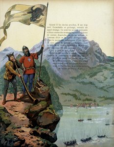 História da França na Idade Média: as tropas de Carlos o Temerário (1433-1477), Duque de Borgonha, entram no país de Vaud, na Suíça. Ilustração de Jacques Marie Gaston Onfray de Breville dit JOB (1858-1931) de pseudonym for Onfray de Breville Jacques Job