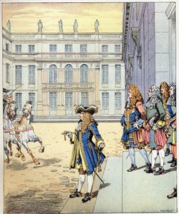 Eu quase esperei! as palavras do rei da França Luís XIV disse o rei Soleil (1638-1715) falado em frente ao castelo de Versalhes quando as suas carrascas chegaram na hora precisa. Ilustração de Jó (Jacques Marie Gaston Onfray e Breville) (Jacques-Marie)