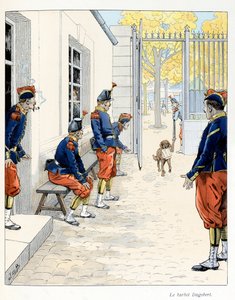 Ilustração extraída do livro "A la gloire des betes" texto de A Fabre, desenhos de Jacques Marie Gaston Onfray de Breville dit JOB (1858-1931), editora Maison Alfred Mame et fils: O Barbet Dagobert (em um quartel em Paris), Coleção Parcial de pseudonym for Onfray de Breville Jacques Job