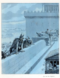 Ilustração do livro "A la gloire des betes" texto de A Fabre, desenhos de Jacques Marie Gaston Onfray de Breville dit JOB (1858-1931), editora Maison Alfred Mame et fils: Les goies du Capitole (890 AC), les Gauls siegent Rome, Collection Partial de pseudonym for Onfray de Breville Jacques Job