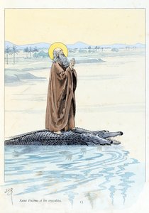 Ilustração do livro "A la gloire des betes" texto de A Fabre, desenhos de Jacques Marie Gaston Onfray de Breville dit JOB (1858-1931), editora Maison Alfred Mame et fils: Saint Pacome (abbe 292-348) e les crocodiles, Coleção Particulier de pseudonym for Onfray de Breville Jacques Job
