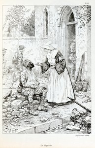 Ilustração do livro "La Grande Guerre par les artistes": "La cigarette septembre 1914" religiosa dando um cigarro a um soldado ferido por Jacques Marie Gaston Onfray de Breville dit JOB (1858-1931), Coleção Partiale de pseudonym for Onfray de Breville Jacques Job