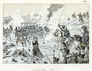 Ilustração do livro "La Grande Guerre par les artistes": Une grande bataille en 1815 de Jacques Marie Gaston Onfray de Breville dit JOB (1858-1931), Partial Collection de pseudonym for Onfray de Breville Jacques Job