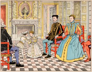 Ilustração do livro "Le bon roy Henri", ilustrado por Jacques Marie Gaston Onfray de Breville dit JOB (1858-1931): Antoine de Bourbon levou-o a Paris e apresentou-o ao seu primo Henri II, que lhe ofereceu a mão da sua filha Marguerite de de pseudonym for Onfray de Breville Jacques Job