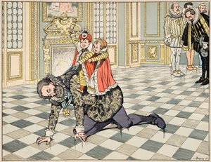 Ilustração do livro "Le bon roy Henri", ilustrado por Jacques Marie Gaston Onfray de Breville dit JOB (1858-1931): Diante do embaixador espanhol, Henri IV brinca com seus filhos - Coleção particular de pseudonym for Onfray de Breville Jacques Job