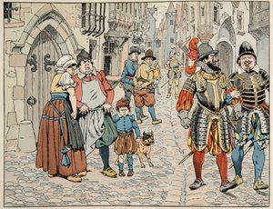 Ilustração retirada do livro "Le bon roy Henri", ilustrado por Jacques Marie Gaston Onfray de Breville dit JOB (1858-1931): Os parisienses vêem com maus olhos as tropas estrangeiras que vêm para os ajudar - Colecção privada de pseudonym for Onfray de Breville Jacques Job