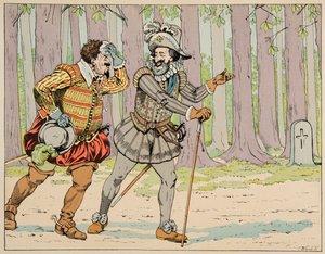Ilustração retirada do livro "Le bon roy Henri", ilustrado por Jacques Marie Gaston Onfray de Breville dit JOB (1858-1931): Henri IV concede seu perdão a Charles de Lorraine (1554-1611) Duque de Mayenne após forçá-lo a um pequeno exercício - Priva de pseudonym for Onfray de Breville Jacques Job