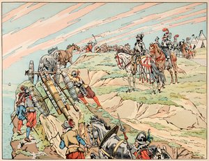 Ilustração retirada do livro "Le bon roy Henri", ilustrado por Jacques Marie Gaston Onfray de Breville dit JOB (1858-1931): Henri IV em guerra estabeleceu o seu acampamento perto de Dieppe com a sua artilharia - Colecção privada de pseudonym for Onfray de Breville Jacques Job
