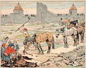 Ilustração retirada do livro "Le bon roy Henri", ilustrado por Jacques Marie Gaston Onfray de Breville dit JOB (1858-1931): Os parisienses com fome abatem os seus cavalos - Colecção privada de pseudonym for Onfray de Breville Jacques Job