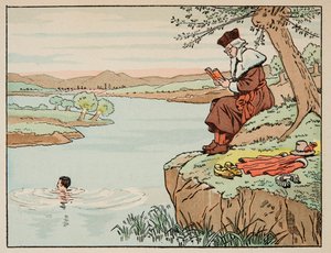 Ilustração retirada do livro "Le bon roy Henri", ilustrado por Jacques Marie Gaston Onfray de Breville dit JOB (1858-1931): A educação no século XVI: natação - Coleção particular de pseudonym for Onfray de Breville Jacques Job