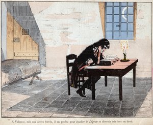 Em Valência (prisão) Napoleão aproveita para estudar o Digest e se tornar muito forte na lei - Napoleão leu o Digeste e reforçou seu conhecimento da lei - litografia de Job (Jacques Onfroy de Breville) de "Le Grand Napoleon des Petites de pseudonym for Onfray de Breville Jacques Job