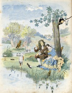 Jean de La Fontaine (Lafontaine) (1621-1695) falando com uma jovem rapariga. Ao seu redor, animais presentes nas fábulas do poeta: lobo, cordeiro, cegonha, tartaruga, rato, rã, lebre, raposa, corvo... em "France, his story told by G. Montorgueil, imagee by de pseudonym for Onfray de Breville Jacques Job