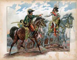 Joachim Murat (1767-1815) e General Antoine Charles Louis de La Salle (Lasalle) (1775-1809) durante a Batalha de Heilsberg, em 1807. Gravura de Jacques Marie Gaston Onfray de Breville dit Job (1858-1931) de pseudonym for Onfray de Breville Jacques Job