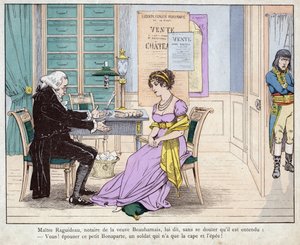 Josefina e o notário - Maitre Raguideau, notário da viúva Beauharnais, disse-lhe: Ye! casa com este pequeno Bonaparte - Mestre Raguidea e Josefina - (Tu! casa com este pequeno Bonaparte) - litografia de Job (Jacques Onfroy de Breville) de "Le Gran de pseudonym for Onfray de Breville Jacques Job