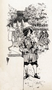 Rei Luís XIV da França chamado Rei Soleil (1638-1715) com os seus cortesãos nos jardins de Versalhes. Ilustração de Jó (Jacques Marie Gaston Onfray e Breville) (Jacques-Marie) (1858-1931) para o livro "Les grands mots historiques du pays de France". de pseudonym for Onfray de Breville Jacques Job