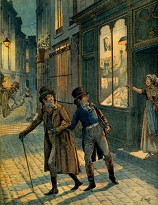 Louis Antoine Fauvelet de Bourrienne (1769-1834) e Napoleão I Bonaparte (1769-1821) nas ruas de Paris incógnito. Ilustração de Jacques Marie Gaston Onfray de Breville dit JOB (1858-1931). Coleção Particular de pseudonym for Onfray de Breville Jacques Job
