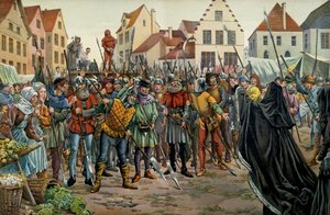 Mary of Burgundy (1457-1482), Duquesa de Borgonha reclamou clemência para seus conselheiros em 1477. Ilustração de Jacques Marie Gaston Onfray de Breville dit JOB (1858-1931) em "Louis XI". de pseudonym for Onfray de Breville Jacques Job