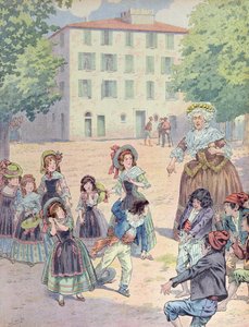 Napoleão Bonaparte (1769-1821) quando criança numa disputa com seus camaradas em frente à sua casa em Ajaccio, Córsega, c.1910 (cor litho) de pseudonym for Onfray de Breville Jacques Job