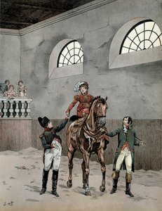 Napoleão I Bonaparte (1729-1821) assistiu às aulas de equitação da impressionada Marie Louise da Áustria (1791-1847). Em "Napoleon", de Georges Montorgueil. Ilustração de Jacques Marie Gaston Onfray de Breville dit JOB (1858-1931) de pseudonym for Onfray de Breville Jacques Job