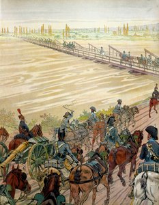 Napoleão I Bonaparte (1769-1821) e seu exército passaram o Reno em 1 de outubro de 1805. Em "Napoleão", de Georges Montorgueil. Ilustração de Jacques Marie Gaston Onfray de Breville dit JOB (1858-1931) de pseudonym for Onfray de Breville Jacques Job