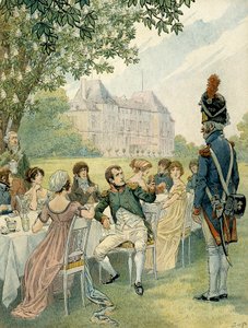 Napoleão I Bonaparte (1769-1821) durante um almoço nos jardins do castelo de Malmaison. Ilustração de Jacques Marie Gaston Onfray de Breville dit JOB (1858-1931). Coleção Particular de pseudonym for Onfray de Breville Jacques Job