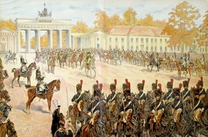 Em 27 de outubro de 1806 Napoleão I Bonaparte (1769-1821) e seu exército entraram em Berlim. Em "Napoleão", de Georges Montorgueil. Ilustração de Jacques Marie Gaston Onfray de Breville dit JOB (1858-1931) de pseudonym for Onfray de Breville Jacques Job