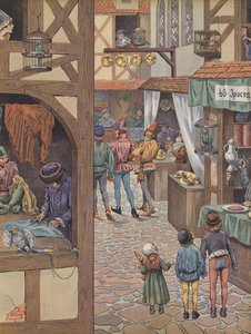 Parisienses com pássaros enjaulados (cor litho) de pseudonym for Onfray de Breville Jacques Job